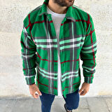 Erkek Ekose Desenli Düğmeli Polar Yakalı Uzun Kollu Gömlek Oversize Rahat Kalıp - Yeşil