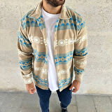 Erkek Desenli Polar Gömlek – Etnik Şerit Desen Yakalı, Uzun Kollu, Düğmeli, Oversize Rahat Kalıp - Sarı