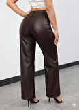 Kadın Yüksek Bel Cepli Deri Pantolon