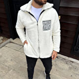 Erkek Polar Fermuarlı Sweatshirt – Kapüşonsuz, Cepli, Yumuşak Dokulu, Oversize Rahat Kalıp, Kışlık Sıcak Tutan Fermuarlı Üst - Beyaz