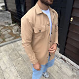 Erkek Diagonal Kumaş Cepli Çıtçıtlı Uzun Kollu, Gömlek Oversize Rahat Kalıp Günlük Şık Stil - Bej