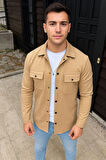 Erkek Diagonal Kumaş Cepli Çıtçıtlı Uzun Kollu, Gömlek Oversize Rahat Kalıp Günlük Şık Stil - Bej