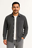 Erkek Fitilli Kadife Cepli Gömlek Oversize Rahat Kalıp - Füme