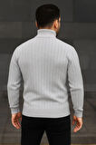Erkek Balıkcı Yaka Bağazlı Triko Kazak Pamuklu Kalın Fitilli Dokuma, Regular Fit Uzun Kollu Kışlık Model - Gri