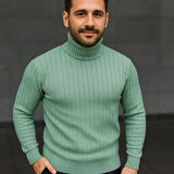 Erkek Balıkcı Yaka Bağazlı Triko Kazak Pamuklu Kalın Fitilli Dokuma, Regular Fit Uzun Kollu Kışlık Model - Mint Yeşili