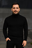 Erkek Balıkcı Yaka Bağazlı Triko Kazak Pamuklu Kalın Fitilli Dokuma, Regular Fit Uzun Kollu Kışlık Model - Siyah