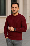 Erkek Bisiklet Yuvarlak Yaka Triko Kazak Pamuklu Kalın Fitilli Dokuma, Regular Fit Uzun Kollu Kışlık Model - Bordo