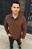 Erkek Fitilli Polar Sweatshirt – Düğmesiz Polo Yaka, Oversize Rahat Kalıp, Kalın Polar Kumaş, Kışlık Ve Baharlık Şık Günlük Üst - Kahverengi