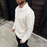 Erkek Fitilli Polar Sweatshirt – Düğmesiz Polo Yaka, Oversize Rahat Kalıp, Kalın Polar Kumaş, Kışlık Ve Baharlık Şık Günlük Üst - Beyaz