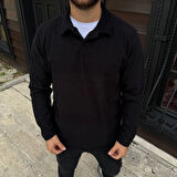 Erkek Fitilli Polar Sweatshirt – Düğmesiz Polo Yaka, Oversize Rahat Kalıp, Kalın Polar Kumaş, Kışlık Ve Baharlık Şık Günlük Üst - Siyah