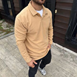Erkek Fitilli Polar Sweatshirt – Düğmesiz Polo Yaka, Oversize Rahat Kalıp, Kalın Polar Kumaş, Kışlık Ve Baharlık Şık Günlük Üst - Bej