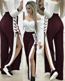 Kadın Yüksek Bel Yandan çapraz Bağcıklı Yırtmaçlı Viskon Iki Iplik Pantolon