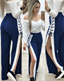 Kadın Yüksek Bel Yandan çapraz Bağcıklı Yırtmaçlı Viskon Iki Iplik Pantolon