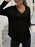 Kadın Uzun Kollu V Yakalı Kapşonlu Waffle Bluz