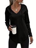 Kadın Uzun Kollu V Yakalı Kapşonlu Waffle Bluz