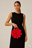 Kırmızı Kumaş Gümüş Metal Saplı Gül Çiçek Çanta El Çantası Aksesuar Abiye Günlük Şık Kadın Çantası