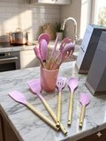 12 Parça Bambu Saplı Silikon Mutfak Gereçleri Seti - Pembe Mutfak Servis Seti