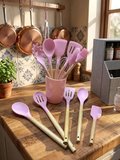 12 Parça Bambu Saplı Silikon Mutfak Gereçleri Seti - Pembe Mutfak Servis Seti