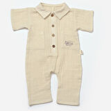 Düğmeli Kısa Kollu Müslin Tulum 7039 Taş