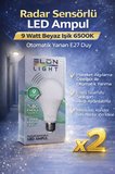 Radar Sensörlü LED Ampul 9 Watt Beyaz Işık 6500K Otomatik Yanan E27 Duy 2 Adet
