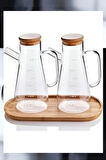 2'li Bambu Kapaklı Ahşap Standlı Camlı Yağdanlık & Sirkelik & Zeytinyağı Şisesi 900 ml 3lü Set