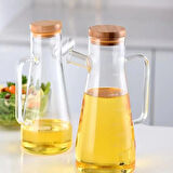 2'li Bambu Kapaklı Ahşap Standlı Camlı Yağdanlık & Sirkelik & Zeytinyağı Şisesi 900 ml 3lü Set