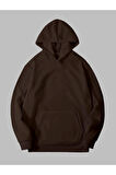 3 İplik Baskısız Kahverengi Kanguru Cepli Kapüşonlu Sweatshirt Hoodie | M