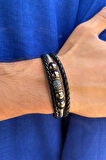 Siyah Örgülü El İşçiliği ile Üretilmiş Hakiki Deri Erkek Bileklik