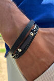 Siyah Örgülü Taşlı El İşçiliği ile Üretilmiş Hakiki Deri Erkek Bileklik