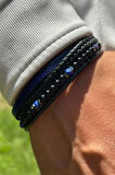 Siyah Taşlı Örgülü El İşçiliği ile Üretilmiş Hakiki Deri Erkek Bileklik