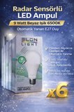 Radar Sensörlü LED Ampul 9 Watt Beyaz Işık 6500K Otomatik Yanan E27 Duy 6 Adet