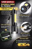 BUĞZ USB Şarjlı Zoomlu Mini El Feneri Q5 Güçlü Işık Yan COB LED SOS Mod Kutulu Taşınabilir