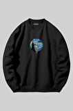 Yıldızlı Gece Alice Baskılı Unisex Siyah Bisiklet Yaka Sweatshirt | S