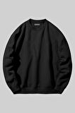 Baskısız Unisex Siyah Bisiklet Yaka Sweatshirt | L