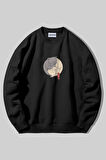 Ying Yang Kedi Baskılı Unisex Siyah Kanguru Bisiklet Yaka Sweatshirt | M