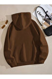 3 Iplik Kalın Pofuduk Brooklyn Kahverengi Unisex Kanguru Cepli Kapüşonlu Sweatshirt Hoodie | M