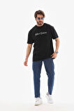Unisex Bisiklet Yaka Baskılı Oversize T-Shirt - Siyah