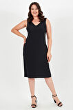 Büyük Beden V Yaka Kolsuz Fermuarlı Elbise