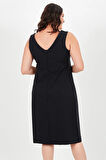 Büyük Beden V Yaka Kolsuz Fermuarlı Elbise