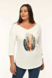 Büyük Beden Kuş Tüyü Baskılı Geniş V Yaka Yarım Kol Oval Yırtmaç Bluz