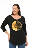 Büyük Beden Sun Flower Baskılı Geniş V Yaka Yarım Kol Oval Yırtmaç Bluz