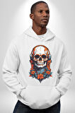 Müzik Kulaklık Takan Kurukafa Kırmızı Gül Kadın Erkek  Beyaz Kapüşonlu Sweatshirt Hoodie