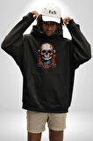 Müzik Kulaklık Takan Kurukafa Kırmızı Gül Kadın Erkek  Siyah Kapüşonlu Sweatshirt Hoodie