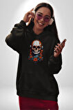 Müzik Kulaklık Takan Kurukafa Kırmızı Gül Kadın Erkek  Siyah Kapüşonlu Sweatshirt Hoodie
