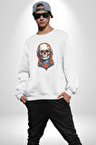Müzik Kulaklık Takan Kurukafa Kırmızı Gül Kadın Erkek  Beyaz Baskılı Sweatshirt 