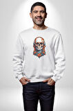 Müzik Kulaklık Takan Kurukafa Kırmızı Gül Kadın Erkek  Beyaz Baskılı Sweatshirt 
