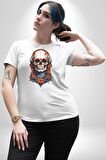 Müzik Kulaklık Takan Kurukafa Kırmızı Gül Kadın Erkek Unisex Beyaz Organik Baskılı T-Shirt Penye Yüksek Kalite
