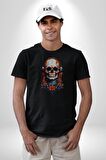 Müzik Kulaklık Takan Kurukafa Kırmızı Gül Kadın Erkek Unisex Siyah Organik Baskılı T-Shirt Penye Yüksek Kalite