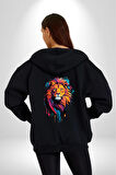 Renkli Yağlı Boya Aslan Kadın Erkek Siyah Renk Kapüşonlu Kanguru Cepli  Fermuarlı Pamuklu Oversize Dijital Baskılı Hırka Sweatshirt