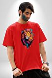Renkli Yağlı Boya Aslan Pamuklu Bisiklet Yaka Kadın Erkek Oversize Boyfriend Dijital Baskılı Kırmızı T-Shirt